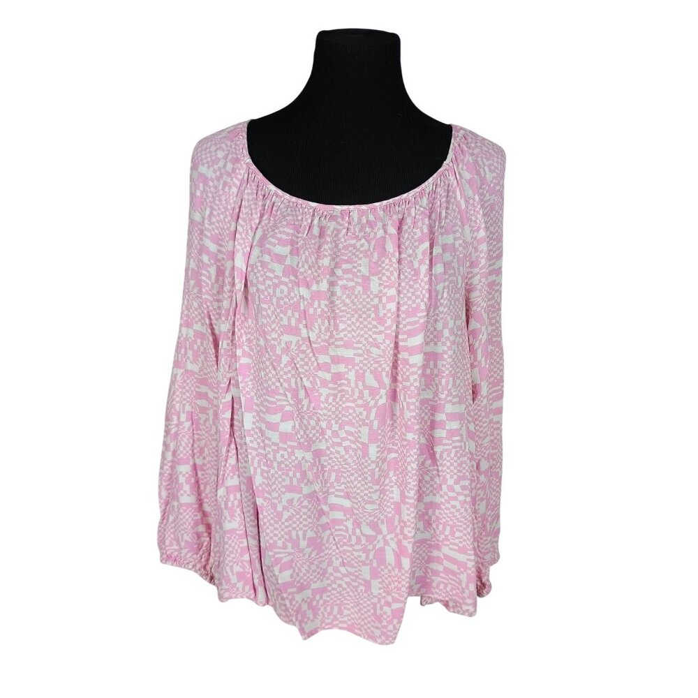 Ava & Viv Womens 2X Pink Geometric Print Blouse With Back Tie & Elastic Cuffs